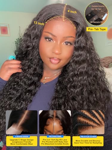 Image of Sunber Water Wave Human Hair Wigs with Elastic Drawstring Kinky Edges 16''
