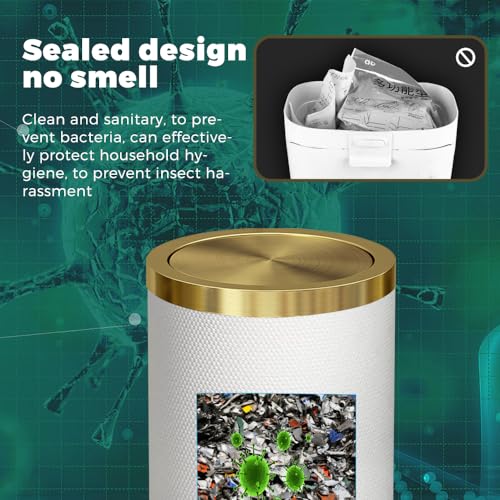 Image of 9L /2.3GALModern White Trash Can with Flip Lid,Fancy Gold Waste Paper Baskets for Bathrooms,Gold Trash Can for Bathroom,Bedroom, Powder Room,Office,Laundry Room (9L-White)
