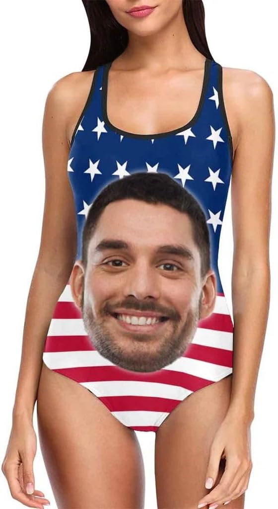 Custom Face American Flag Scoop Neck Sport Top High Waisted Bikini Swimsuits Personalized Women's Two Piece Bathing Suit Beach Outfits