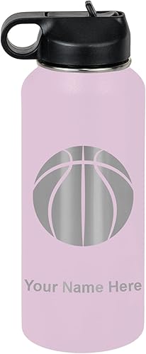 Miniatura 24 de LaserGram Botella de agua personalizada, pelota de baloncesto, acero inoxidable de doble pared aislada al vacío con popote superior, regalo grabado