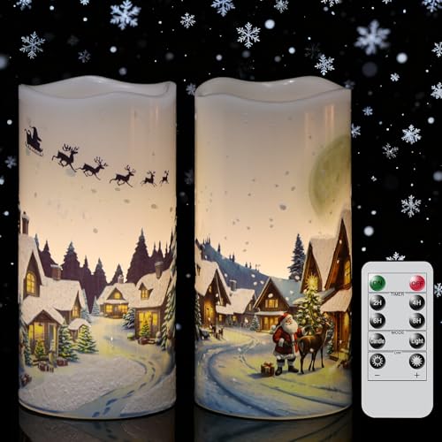 Image of Christmas Flameless Candles, Christmas LED Battery Operated Candles with Remote Timer, Set of 2 Pillar Candle with Snow House, Santa, Reindeer Decals for Holiday Winter Decor(D6 inch x H3 inch)