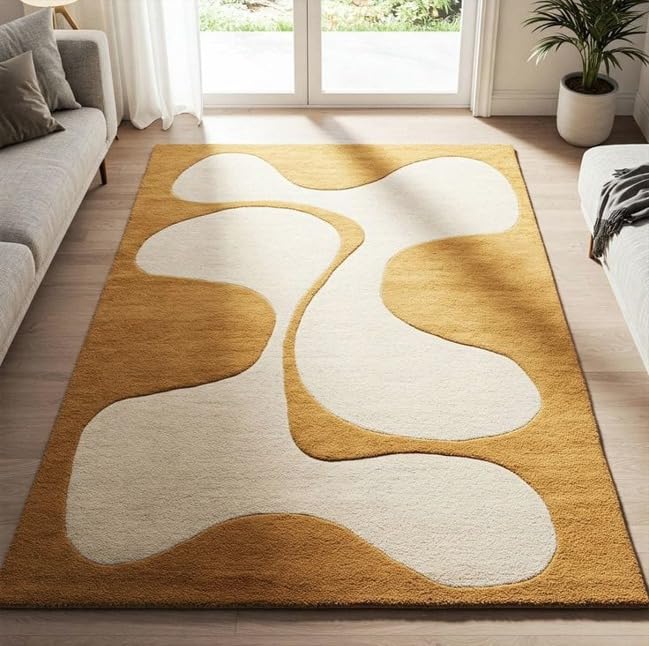 Hand-Tufted Wool Area Rug, Modern Abstract Pattern,Carpets for Living Room Bedroom Office Home Size4x6 Feet, Colour Cream and Gold