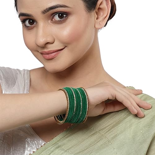 Image of ZENEME Gold-Plated Matte Finish Velvet White American Diamonds Studded Bangles Set Of 18 For Girls and Women
