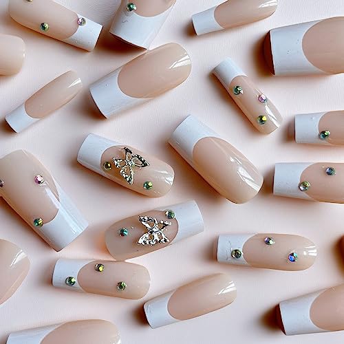Babalal BBCRJ1168 Square Press On Nails Medium Fake Nails White French Tip Acrylic Nails 3D Butterfly Rhinestone False Nails 24Pcs Ballerina Nails thumb #2