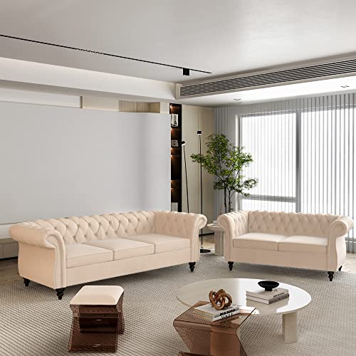 Image of QHITTY 2 Piece Living Room Set, Sectional Chesterfield Sofa Chair Contemporary Upholstered Velvet Loveseat Couch Sets for Living Room, Bedroom, Office