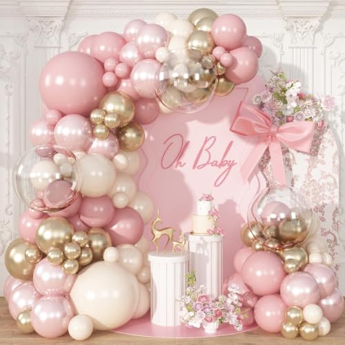 Froova Dusty Pink Balloon Garland Arch Kit Double Stuffed Pearl Pink White and Gold Balloon Large Clear Balloons for Girls Baby Shower Bridal Shower Wedding Birthday Party Decorations