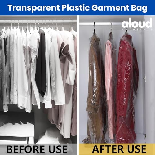 Image of ALOUD CREATIONS 30 Piece Thick Transparent Hanger Covers for Garments, Jackets, Shirts, Suits | Dress Cloth Cover for Wardrobe | Large Clear Plastic Bag, 60 Micron | Jumbo Size 24 x 36 Inch (60x90 cm)