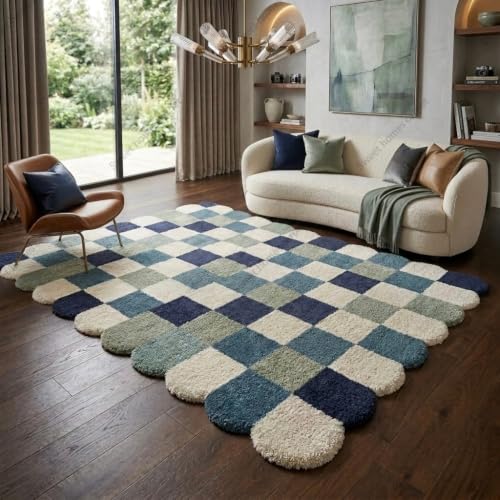 Image of SWEET HOMES Handwoven Shaggy Checkered Area Rug | Ultra Soft Plush Irregular Carpet with Anti-Skid, 6 x 10 Feet (183 x 305 cm), Multi Blue