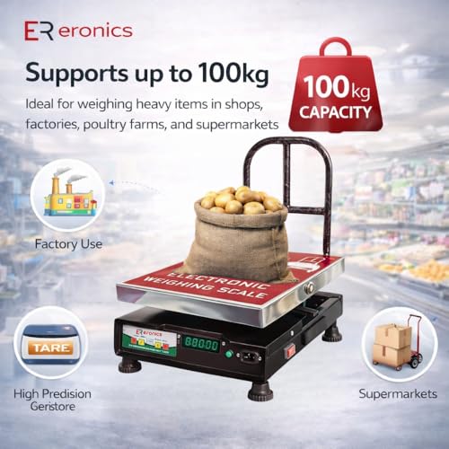Image of Stainless steel 304 top,100kg capacity Digital Weighing Machine /Scale for Shops, Factories & Poultry | Heavy Duty with Dual Bright Display for Industrial,Platform scale, Supermarkets,