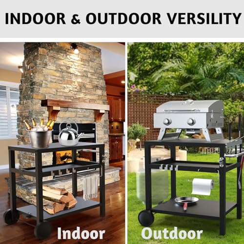 Image of BBQCuker 29.5''x19.6'' Outdoor Grill Cart, Pizza Oven Table Stand, 3-Shelves Food Prep Table for Ninja Woodfire, Ooni Pizza Oven, 17'' & 22'' Blackstone Griddle, Grill Stand for Picnic, Camping