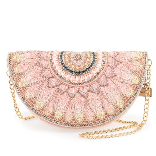 Mary Frances Pink Petals Beaded Crossbody Handbag Daisy-Motif Half-Moon Convertible Clutch Bag