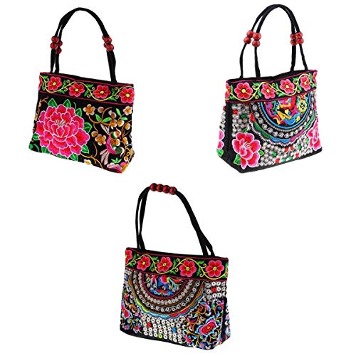 yotijar 3x Bolsa de Flores Bordada Multicolorida com Contas de Madeira Bolsa de Praia para Telefone