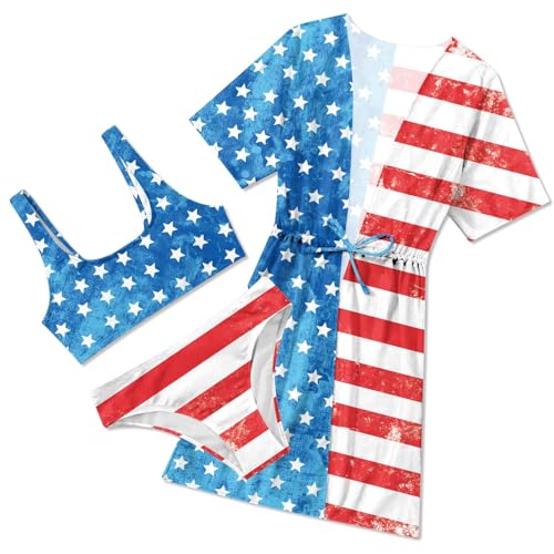 AIDEAONE Girls 4th of July Bathing Suit Size 10-12 Independence Day Swimsuit for Kids 11-12 Years Patriotic Swimwear with Cover Up