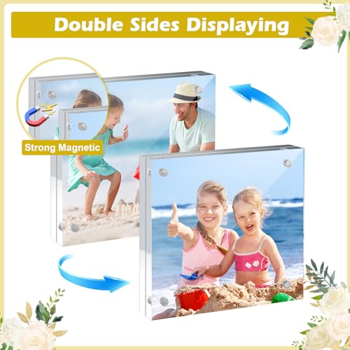 Adboros 12 Pack 4X4in Acrylic Picture Frame, Clear Picture Frames Double Sided Magnetic Freestanding Photo Block Frame Desktop Display Floating Frameless Acrylic Frame Stand by Adboros - Used condition - Image 3