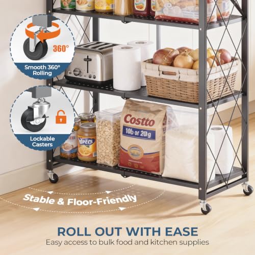 Image of Upgraded 18% Thickened Portable 5-Tier Foldable Storage Shelves with Wheels | Heavy Duty Storage Shelf Collapsible Shelves Unit Display for Garage Storage Kitchen Pantry & Closet Organizer, Grey