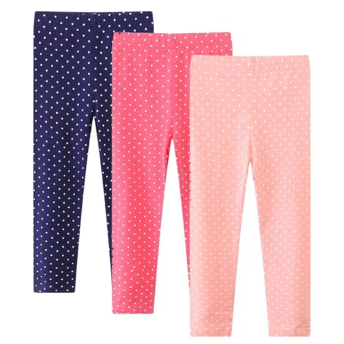 WISREMT 3 Pack Girls Leggings Kids Cotton Full Length Leggings Polka Dots Tights Stretchy Active Dance Yoga Footless Bottoms