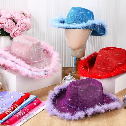 Image of Coume 12 Pcs Sparkly Adults Cowboy Hat and Bandanas Women Men Western Glitter Cowgirl Party Hats with Adjustable Drawstring