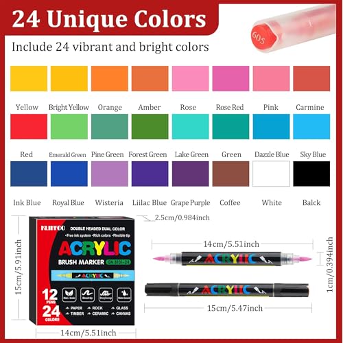 Image of KLIFFOO 24 Colors Acrylic Paint Markers,12Pcs Dual Head Brush Tip Sketch Pen for Painting,Sketching,Calligraphy, Permanent Colouring Marker Pen for Rock,Canvas,Wood, Glass,Fabric (24 Colors 12 Pcs)