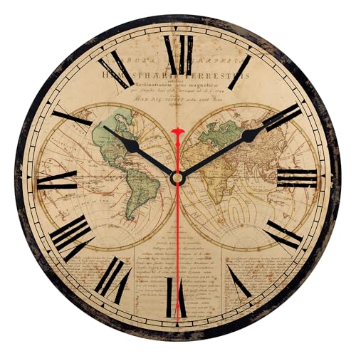 TAHEAT Vintage Horloge Murale, Carte du Monde 20 cm Rétro Silent Horloge Murale Shabby Chic décoratif pour la Cuisine Salon Chambre à Coucher Home Office