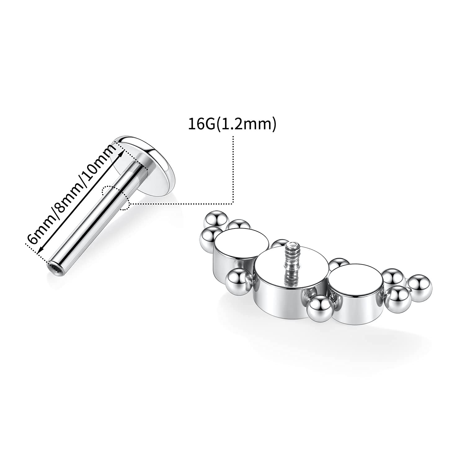 hengkaixuan 16G Titanium Labret Studs - Internally Threaded Flatback - Unisex - Silver - Piercing Jewellery - 2