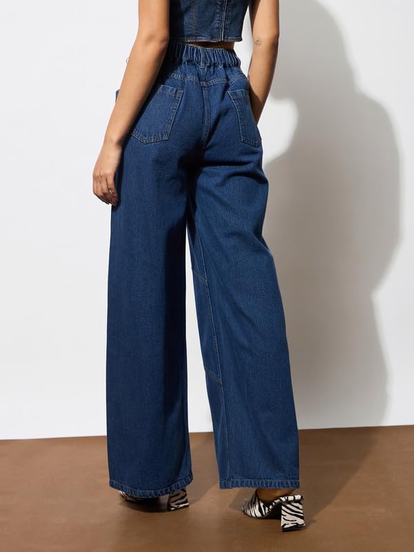 Image of barcino Navy High-Rise Stitch Detail Straight Jeans