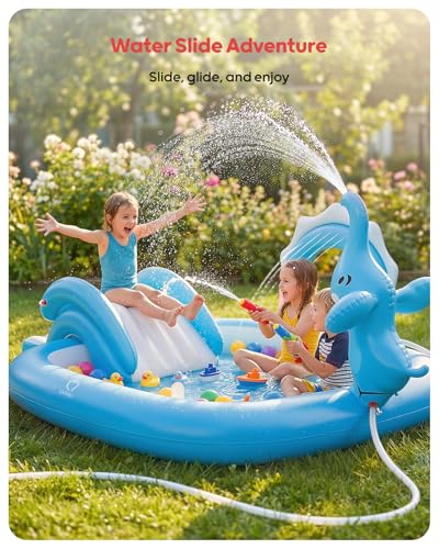 QPAU Elephant Kids Pool with Slide and Sprinkler, Inflatable Play Center with 4 Rings, 72 × 64 × 37 in, Fast Inflation Kiddie Pool for Garden & Backyard, Birthday Gift for Ages 1+ (Blue) - image 3