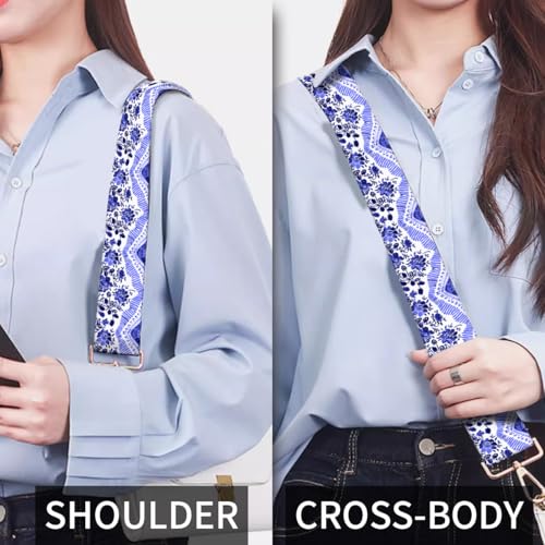 Image of Purse Strap Replacement Crossbody, 3.8cm Wide Shoulder Strap Adjustable Replacement Belt Gold Buckle, Handbag Crossbody Bag Strap Luxury Blue Boho Pattern