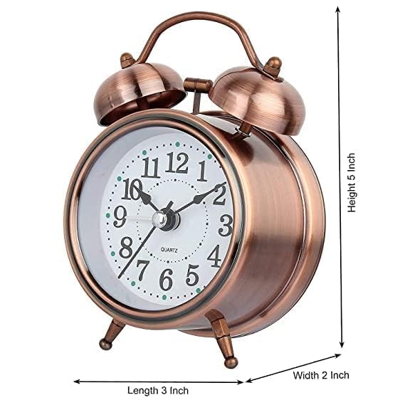 Image of Classic Twin Bell Analog Alarm Clock - Retro Metal Table Clock with Night Light & Loud Ringer - Ideal for Bedroom, Office, or Study (Copper)