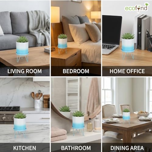 Image of ecofynd Lucas Metal Plant Pot with Sky Blue Stand, Modern Style Planter Set, Indoor Outdoor Home Decor Item for Garden Plants Flower, Balcony, Patio, Living Room, Garden, Bedroom (PWS032-WHTSBL)