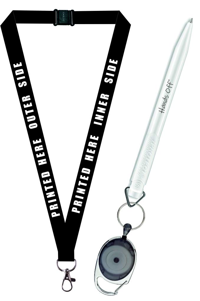 Personalised Lanyard X 1 Comes with Antibacterial Pen and Retractable Keyring for Back to School Kids, Teachers and Nurses etc (Hands Off ®) (Black)