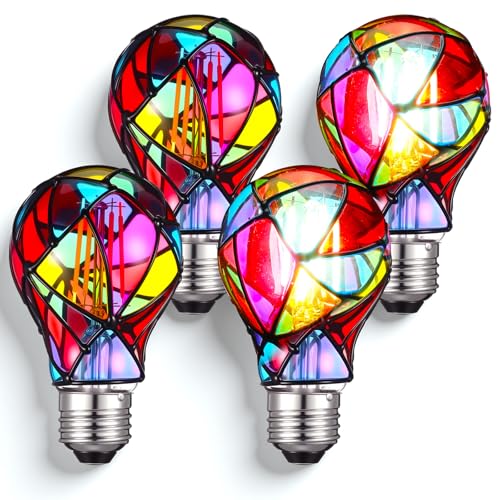 Grinsvalley 4 Pcs Stained Glass Light Bulb Indoor 4w 120v E26 Base A19 Colorful Stained Glass Light Bulbs for Christmas Decoration Party Balcony Lighting