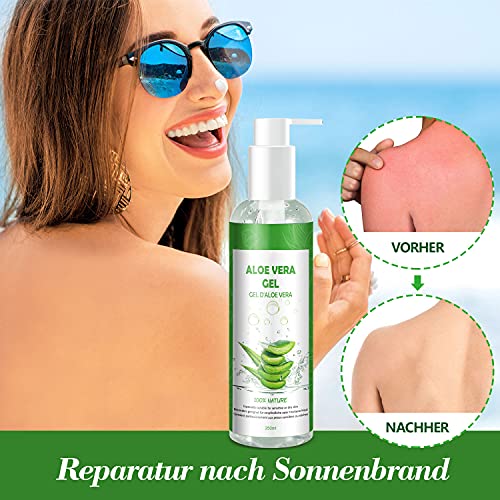 Aloe Vera Gel 100% Pur - für Gesicht Haare Körper - Natürliche, Beruhigende und Pflegende Feuchtigkeitscreme After Sun - Ideal Naturkosmetik für Trockene, Strapazierte Haut & Sonnenbrand - 250ml