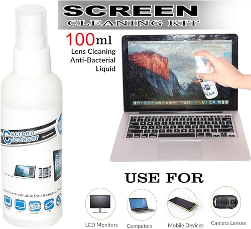 تايمي مجموعة تنظيف الشاشة - منظف شاشة LCD وLED مع محلول رذاذ، قطعة قماش من المايكروفايبر وفرشاة للابتوب والتلفزيون والهاتف الذكي والتابلت والكاميرا والشاشة