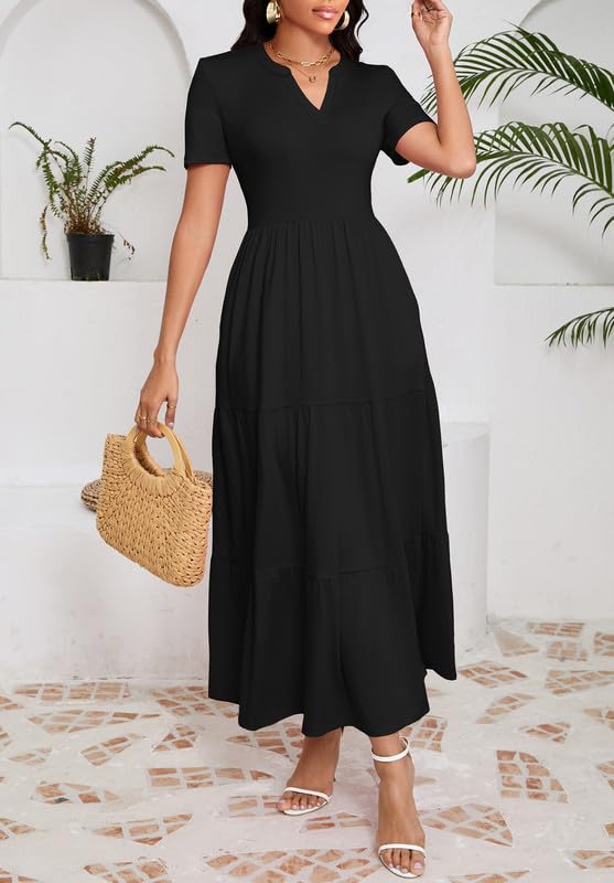 Image of MarryUP Women 2025 Casual Loose Maxi Dress with Pockets V Neck Short Sleeve Tiered Long Summer Beach Swing Dresses