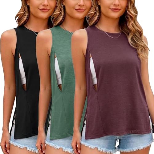 Image of Ecavus Women's 3-Pack Nursing Tank Tops Hidden Zippers Sleeveless Breastfeeding Shirts Loose Fit Maternity Tops