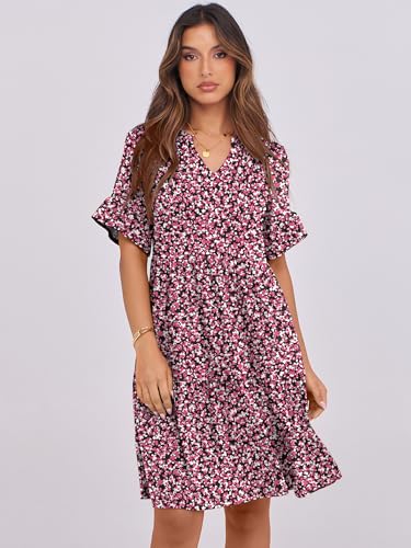 Image of ANRABESS Women's Summer Casual Dress, V-Neck Ruffle Sleeve Tiered Mini Dress, Soft Comfy Fabric with Pockets for All-Day Wear