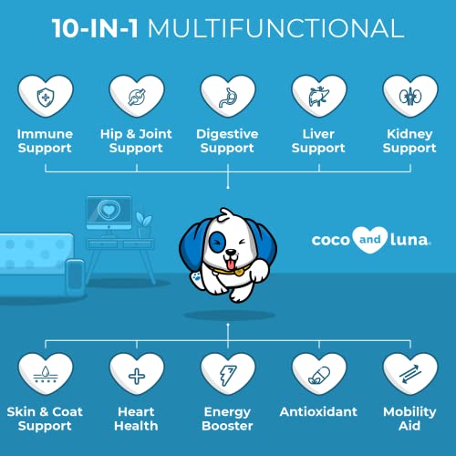 10 In 1 Multivitamin For Dogs - 120 Chewable Tablets - Hip And Joint Support - Omega Fish Oil & Vitamins With Coq10 For Skin & Heart Health - Probiotics & Enzymes For Gut & Immune Health #TOP2