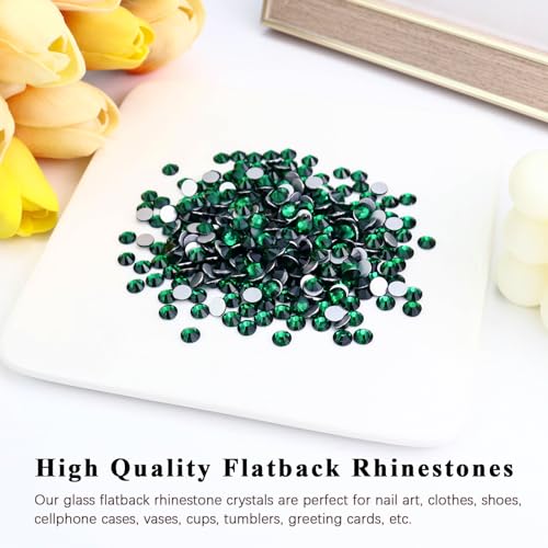 Image of 1440PCS SS6 Crystal Glass Flatback Rhinestones, Round Flat Back Crystal Gems for Nail Art and Craft Clothes, Glue Fix Diamond Stones Emerald /Dark Green (1.9-2.0mm)