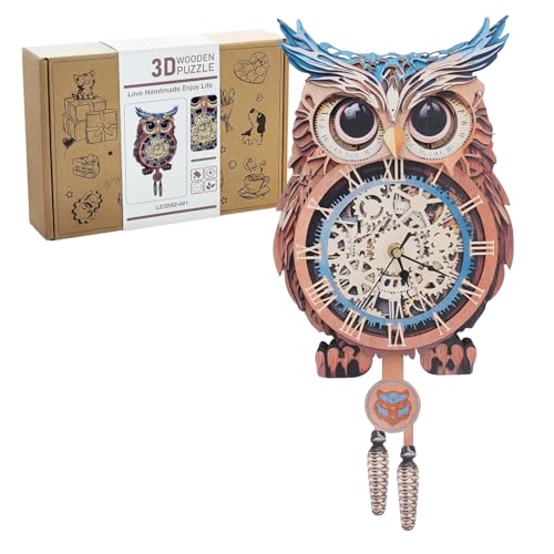 Lilcubics Horloge puzzle 3D en bois pour adultes, horloge murale à chiffres romains avec mouvement silencieux, cadeau de hibou pour femme, décoration...