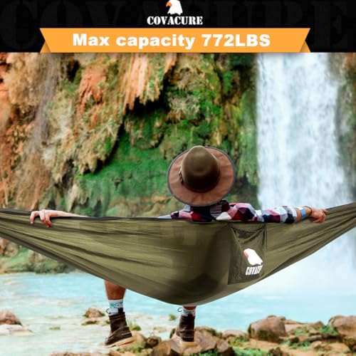 Image of COVACURE Camping Hammock - 772lbs Capacity Portable Hammock with Tree Straps, Durable Parachute Nylon Travel Hammock, Outdoor Camping Gear for Hiking, Backpacking, Travel or Backyard (Army Green)