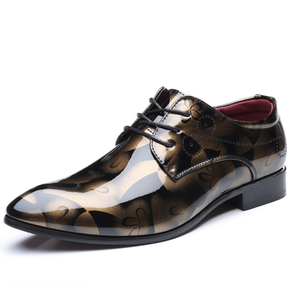 Mens Formal Oxfords Pointed Toe Floral Patent Leather Loafers Comfort Non-Slip Wedding Driving Business Derby Shoes