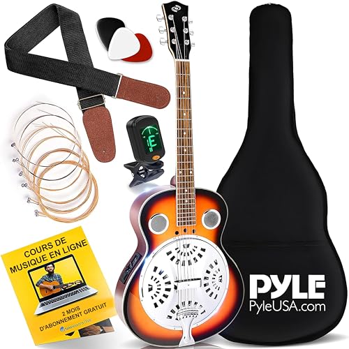 Pyle Guitare - Guitare Electro Acoustique Résophonique, Résonateur Traditionnel à Manche Rond Taille Réelle, Préamplificateur Intégré, Blanc