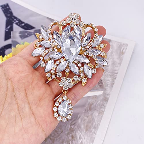 Image of LAXPICOL Wedding Bridal Big Brown Crystal Rhinestone Bouquet Brooch Pin for Women Golden Tone