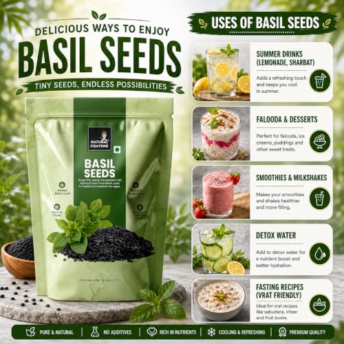 Image of Natural Craving Basil Seeds 200g | Organic Sabja Seeds | Tukmaria for Eating | High in Omega-3, Fiber & Plant Protein | Gluten-Free Superfood for Digestion, Hydration & Weight Management