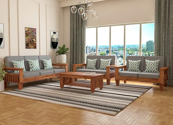 Image of Sheesham Wooden 7 Seater Sofa for Living Room | Rosewood 7 Seater Cushion Sofa with Side Newspaper Holder for Home & Office (-Honey Finish,3+2+2 Seater)