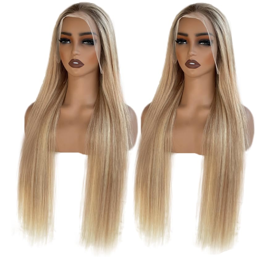 Image of Ash Blonde Lace Front Wig Human Hair, 13x4 Silky Straight Mini Knots HD Invisible Lace Wig for Women Glueless Blonde with Brown Highlights Wigs 26 Inch 180% Density Pre Plucked Free Part Frontal Wigs