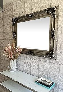 DOWNTON INTERIORS Antique Silver French Baroque Wall Mirror With Wide Ornate Frame (95 x 75 cm - 37 x 30 ins)