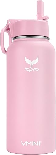 Vmini Botella de acero inoxidable de boca ancha y aislada al vacĂo, tapa con pajilla con mango ancho, azul, 32 onzas