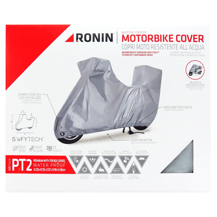 RONIN Telo Coprimoto Impermeabile Universale, Parapioggia Paravento Anti UV per moto Motorino Scooter. | Presagomato Parabrezza e Bauletto | (PT3 246x127x130x104x48c)