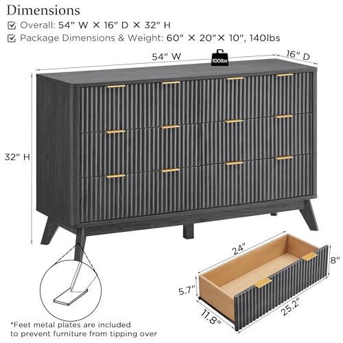 Image of T4TREAM Fluted 6 Drawers Dresser, 54 inch Wide Modern Chest of Drawers, Curved Profile Design, Dresser TV Stand, Wood Drawer Organizer for Bedroom, Living Room, Hallway, Dark Alder